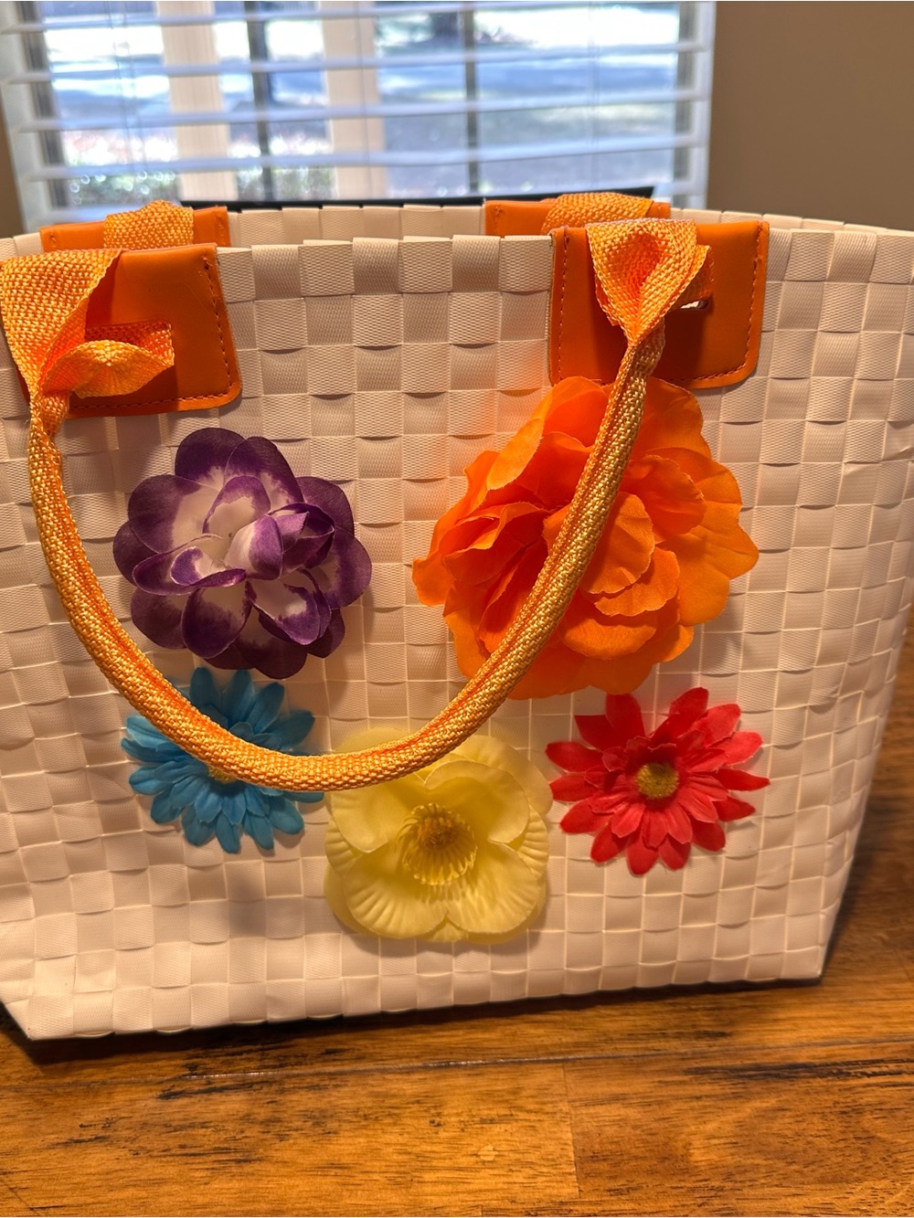 White Woven Floral Tote with Orange Handles
